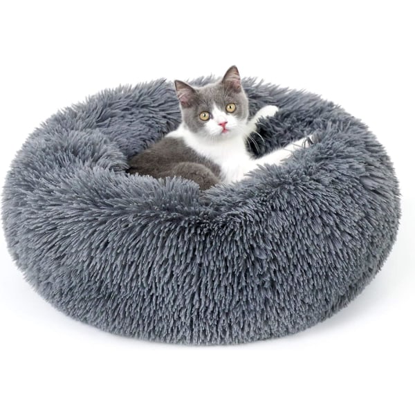 Cat Bed For Indoor Cats, 20 X 20 Inches Fluffy Round Self Warming Calming Soft Plush Donut Cuddler Cushion Pet Bed