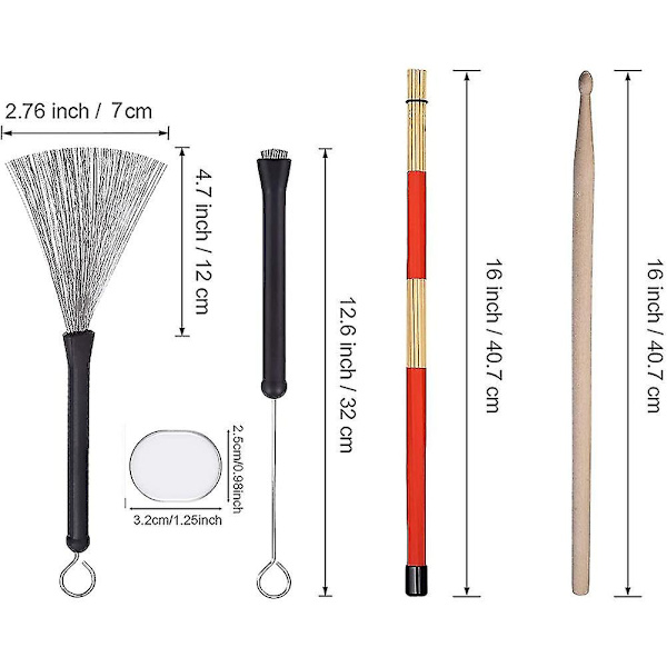Trumstock Set, 5a Lönntrumstockar, Trumstavar Borstar, Infällbara Trumtrådborste, Trumdämpare