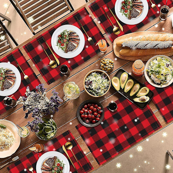 6 stk Buffalo Plaid Plassermatter Rød og Svart Buffalo Check Plassermatter Reversible Bomull Lerret Jul Plassermatter for Hjem Ferie Jul Spisebord Tabl