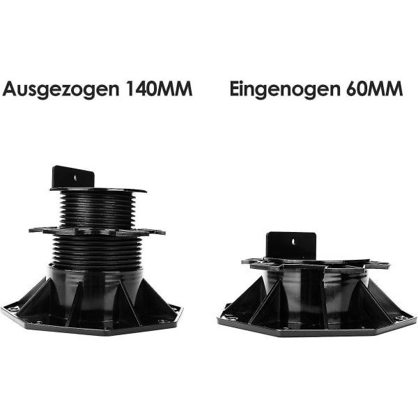 4x Korkeussäädettävät jalustat 60-140 mm - Laakerit puu-, WPC- ja kivikomposiittilaudoille