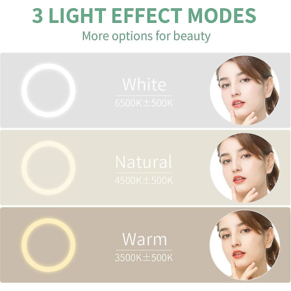 Vægmonteret Makeup Spejl 20,3 cm med 3 Farvetilstande, 5x Forstørrende LED-Spejl, Justerbar Vægmontering, Automatisk Slukning af LED-Spejl i Badeværelset