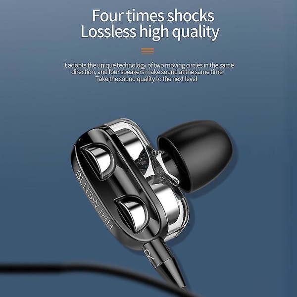 A4-hodetelefoner med ledning med dobbel driver 3,5 mm port bass Stereo In-ear Sports vanntett øretelefon (versjon med fire høyttalere, svart)