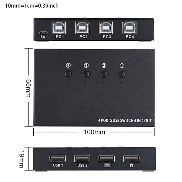4 porte KVM VGA switch hub USB2.0 pc deling computer switcher til printer pc