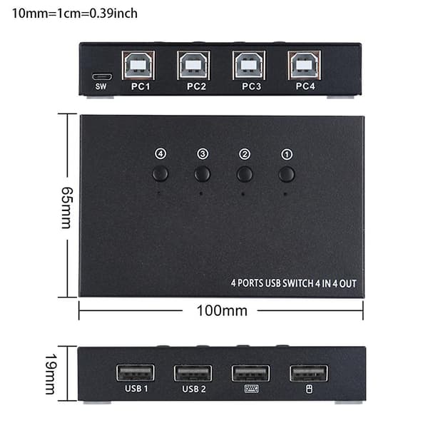 4-ports KVM VGA-bryter Hub USB2.0 PC-deling Datamaskin-veksler for skriver PC