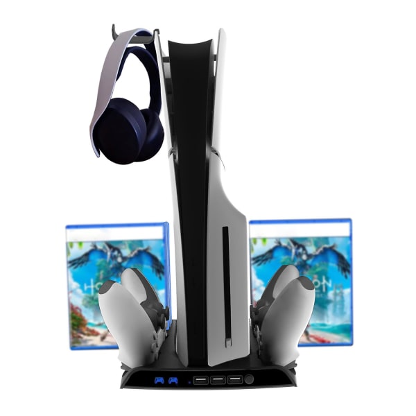 Ps5 Slim Stand, Vertikalt Ps5 Slim Stand Med kylfläkt och Dual Controller Laddstation, Med Headsethållare och 8 spelplatser