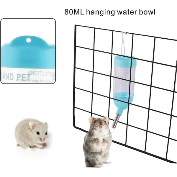 Hamster vandflaske med skål til små dyr Gnaver Chinchilla, kanin, rotte ilder, 80 ml, blå