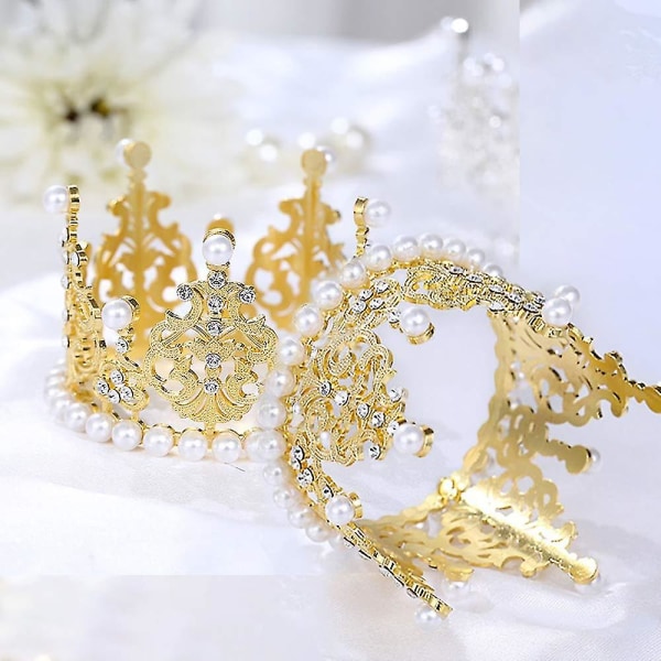 2 stk Liten gull krone dekorasjon, rhinestone kake topper til bryllup, vintage konge/prinsesse perle krone til bursdag