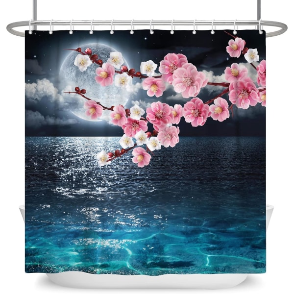 Månduschdraperi Mystisk fullmåne över havet med duschdraperier med körsbärsblommor Japansk rosa blommor Vitt moln Vattentätt tyg Duschgardin