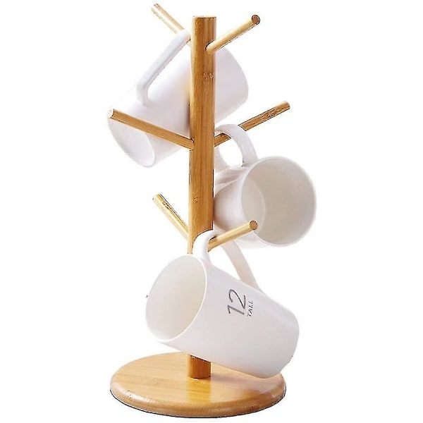 Krusstativ i tre, kaffekoppholder, bambus krusstativ, kaffekoppstativ tørkestativ med 6 kroker