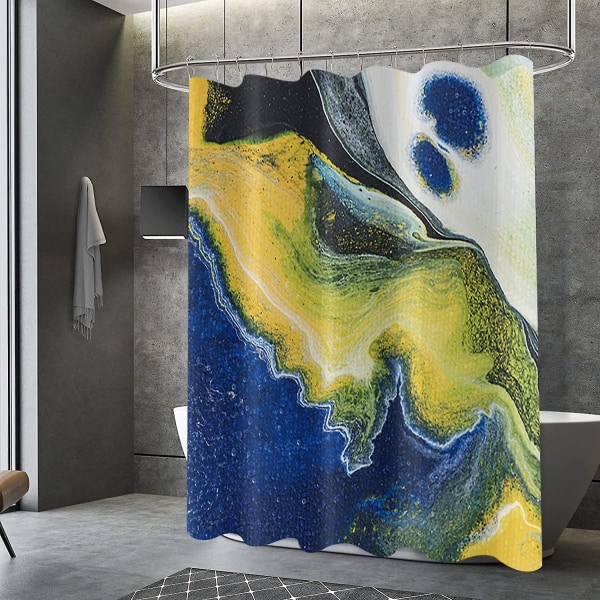 Blå Marmor Dusjforheng, Blå Gult Svart Fargerikt Mønster Tekstur Dusjforheng Blekk Kunstmaleri Baderom Badekar Dekor Vanntett Stoff Machi