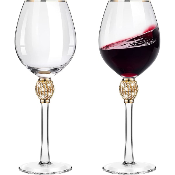 2 stykker Rhinestone rødvinsglas med kant Tulipanformede diamantvinglas Langstilkede glasvarer til bryllup, fester, jubilæum (gyldent)