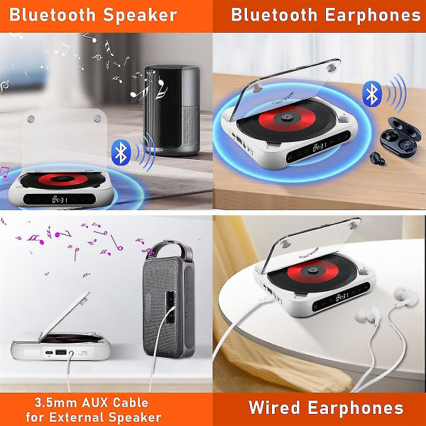 Bärbar Cd-spelare Bluetooth högtalare, led-skärm, stereospelare, väggmonterbar cd-musikspelare med FM-radio-rosa