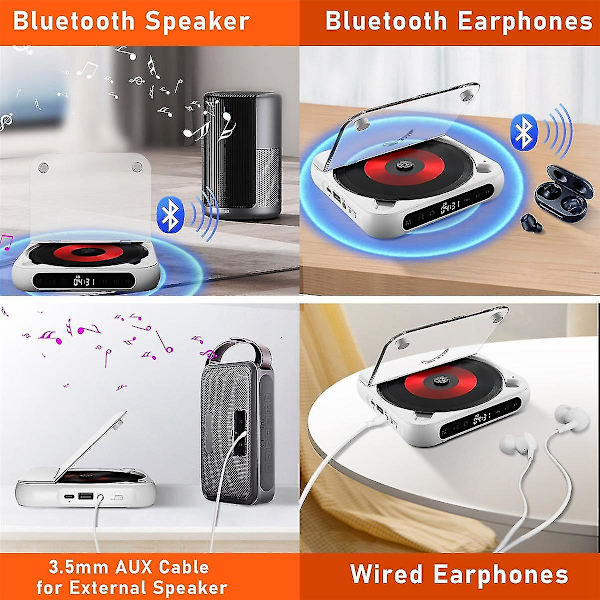 Bärbar CD-spelare Bluetooth-högtalare, LED-skärm, stereospelare, väggmonterbar CD-musikspelare med FM-radio - rosa