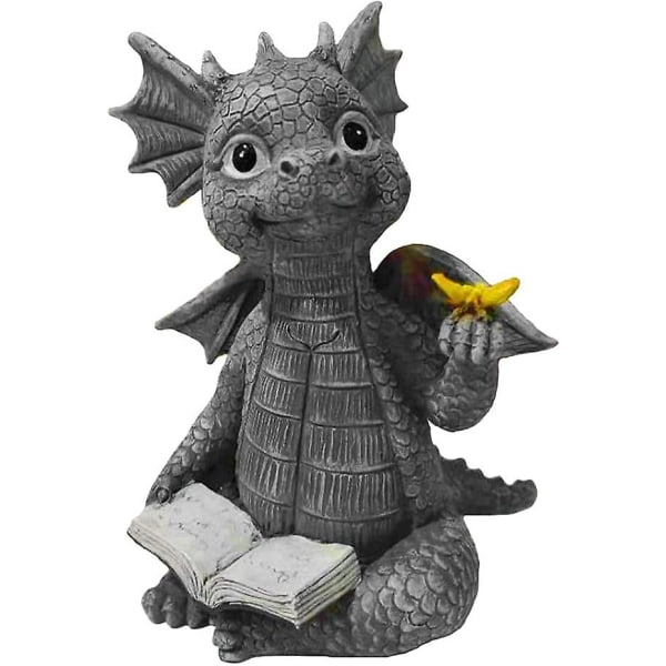 Baby Dragon Lesebok Statue, Søt Dinosaur Holding Butterfly Figurer Kunst Resin Skulptur Lesebok Dragon Hage Statuer Decor