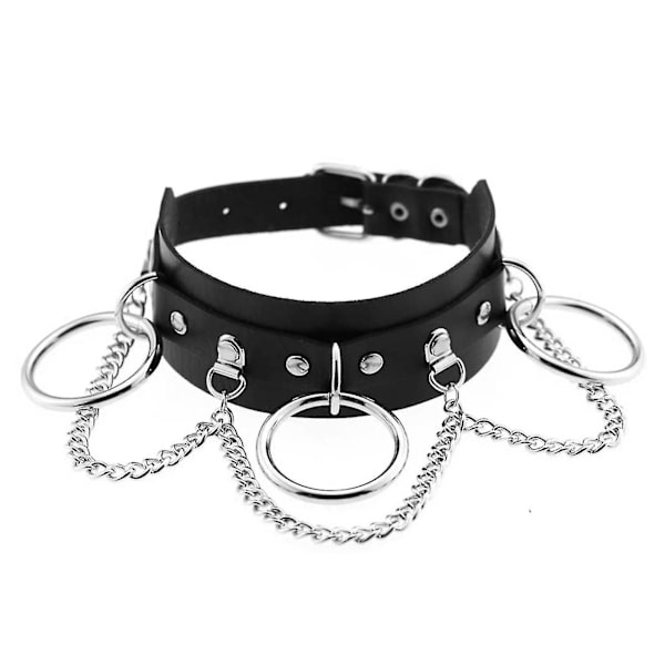 PU Läder Choker Metall Ring Kedja Halsband Krage Nitar Goth Bälte