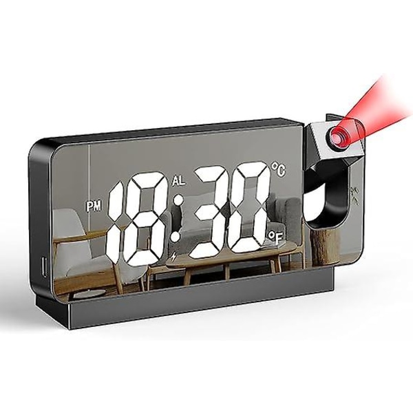 Digital väckarklocka, Projektionsväckarklocka med tidsprojektion, Väckarklocka med projektion 180, 12/24 timmars LED-spegelväckarklocka, Temperatur