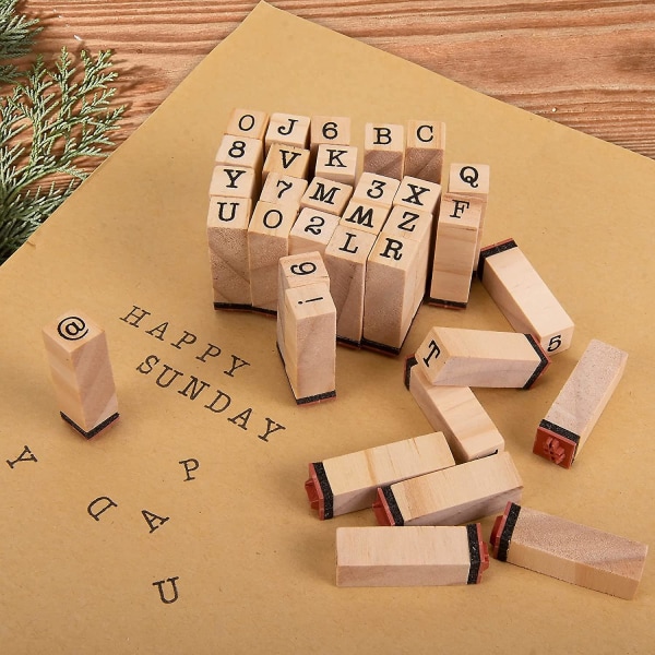 40 stk alfabetstempler, vintage trebokstavnummersymbolstempelsett med blekkpute, for håndverk, invitasjoner, gratulasjonskort