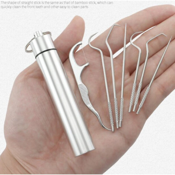 7-pack Bärbar Tandpetare Set i Rostfritt Stål, Återanvändbara Metalltandpetare Rengöringsset med Hållare, Perfekt för Utomhus Picknick Camping Resor