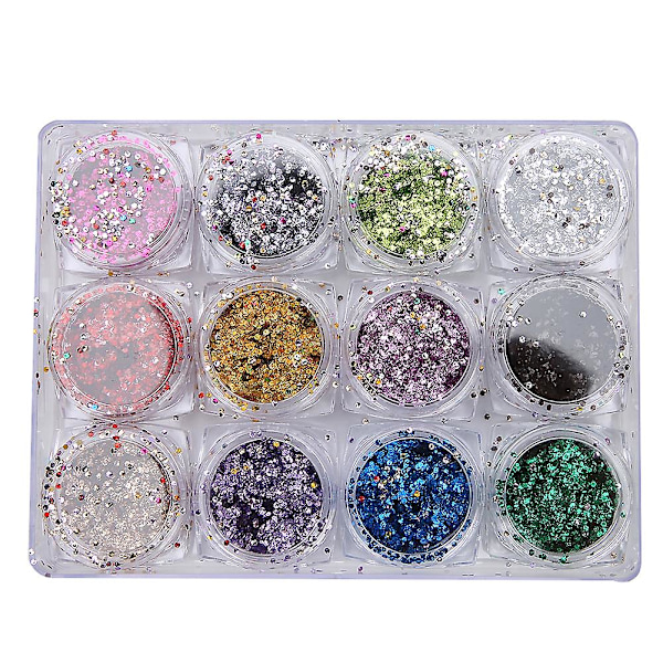 Glitter neglekunstpulver - Skinnende pigment for DIY negledekorasjon (12 stk)