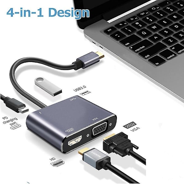 Type-c-keskitin, Type-c-urosliitäntä naaras USB-liitäntään, 4-in-1 alumiiniseoskeskitin USB2.0/USB3.0-porteilla, laaja yhteensopivuus, hopea