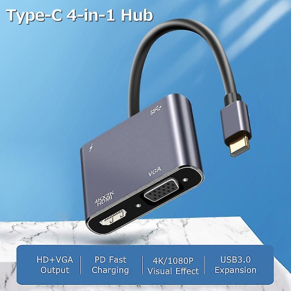 Typ-C-hubb Typ-C hane till USB hona Adapter 4-i-1 Aluminiumlegering Hubb med USB2.0/USB3.0-portar Bred kompatibilitet Silver