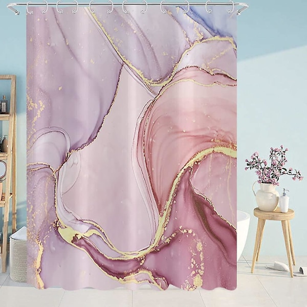 Rosa duschdraperi, modern abstrakt blandad rosa lila guld marmor textur badrum gardin badkar heminredning vattentät tyg maskintvättbar med