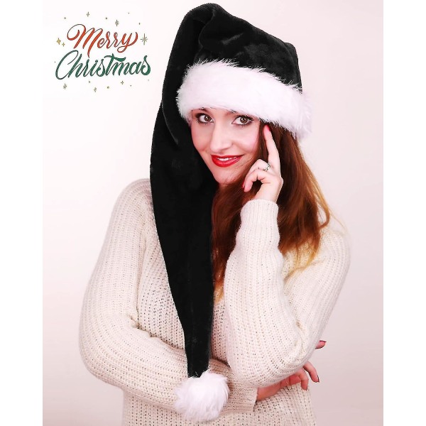 Joulumusta joulupukin hattu, pitkä, aikuiset Deluxe mustavalkoinen jouluhattu mustalle jouluteemalle Uusi vuosi Juhlajuhlajuhlatarvikkeet C
