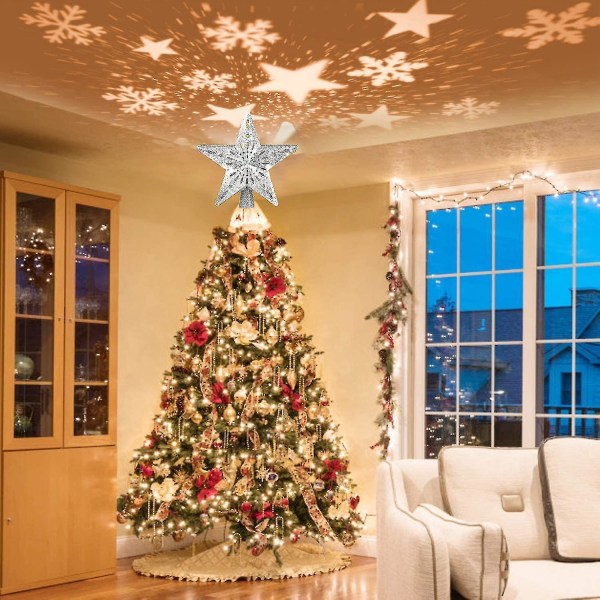 Juletrestjerne, 4m usb julestjerne lys opp med LED Snowflake projektorlampe, 2 i 1 roterende juletrestjerne kompatibel juledekor