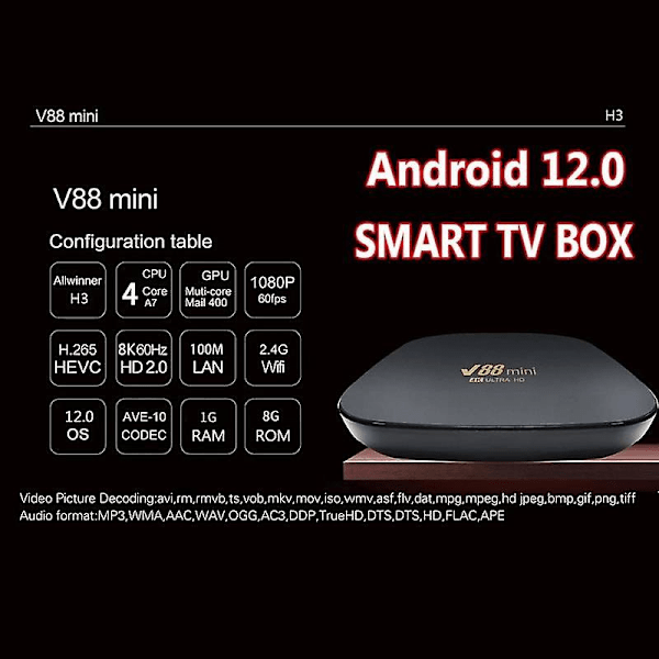 Mini Smart TV-boks Allwinner H3 støtter 8K oppløsning Media Player Android 12 Quad Core