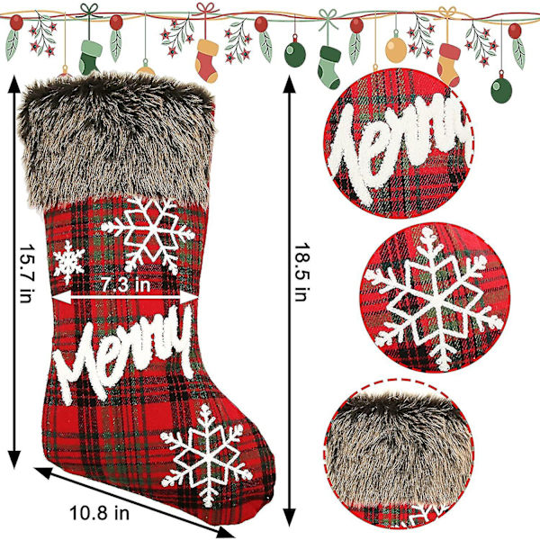 4 stk. 18,5\" jule strømpe klassisk rød og sort buffalo plaid strømpebukser og plys faux pels manchet strømpebukser til familieferie julefest dekoration
