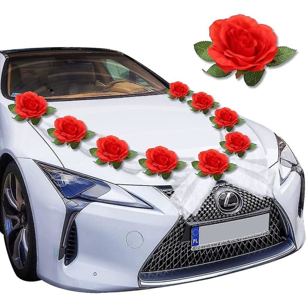 Autokoriste häät, auton koristelu Organza-koriste morsiuspariskunnan ruusujen koristelu hääseppele Auton hääkoristelu Romanttinen ystävänpäivä