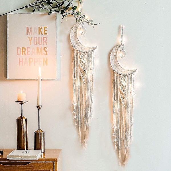 Bohemisk Macrame Väggdekoration Med Led-Ljus, Bomullsstickad Drömfångare Måne Väggbonad