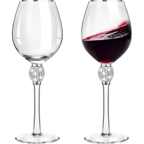 2 stykker Rhinestone rødvinsglas med kant Tulipanformede diamantvinglas Langstilkede glasvarer til bryllup, fester, jubilæum (sølv)