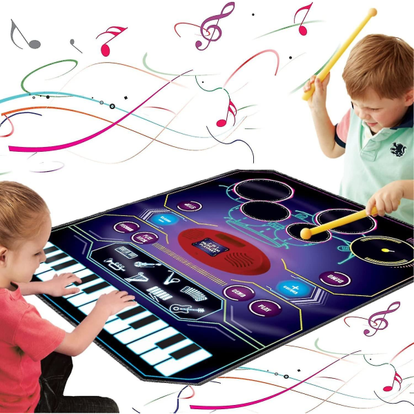 2-i-1 musikinlärningsleksak, elektronisk trumma + pianopad|Spela in och spela, inbyggda sånger, 8 instrument