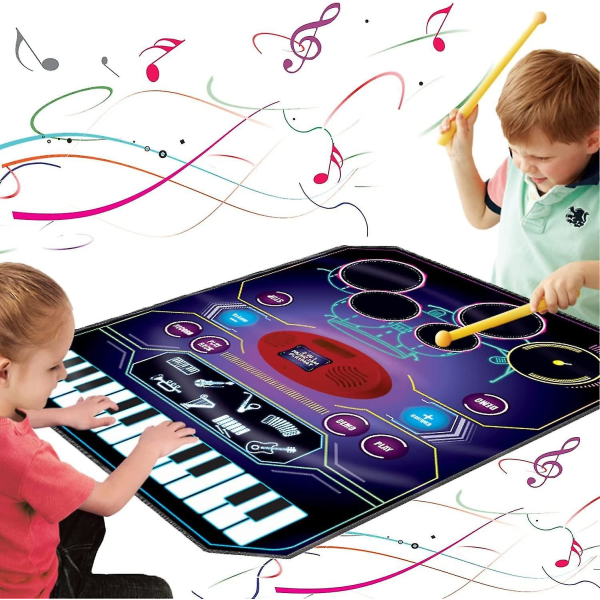 2-in-1 Music Learning Toy, Electronic Drum + Piano Pad|Record and Play, Built-in Songs, 8 Instrument