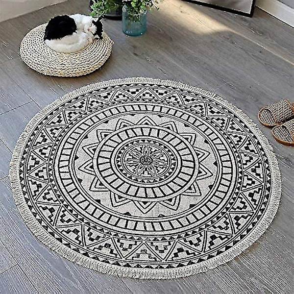 Runde tepper, sirkulære tepper, stripete, sklisikre, håndvevde, lettstelte bomullstepper med et bohemsk mandala-mønster 90cm