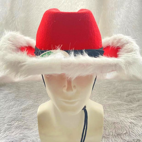 Sesong- og feriedekorasjoner Julefjær med LED-lys Cowboyhatt rød vestlig cowboy rød lue julenissepels trimmet lys Hatopp