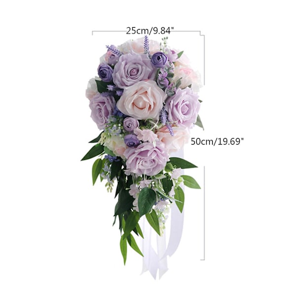 Kaskad Brudebukett Bryllup Kunstig Taro Lilla Rose Lavendel Håndholdt Blomst Med Langt Bånd Dekor