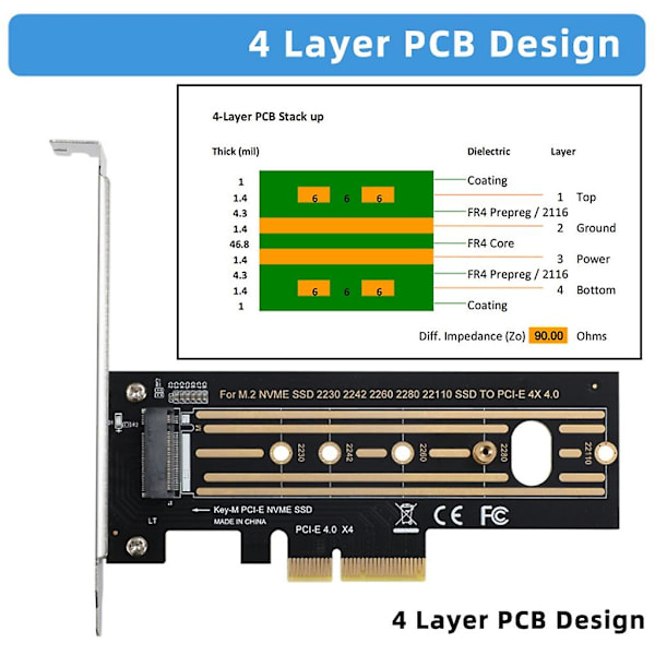 1 st Nvme Pcie M.2 Ssd till Pci-e X4 Adapterkort Pci-e M.2 Riser för 2230-22110