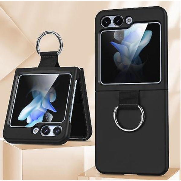 Pinnoitettava läpinäkyvä case Samsung Galaxy Z Flip 5 -puhelimelle sormustelineellä, ohut kova PC-iskunkestävä cover ja näytönsuoja takana