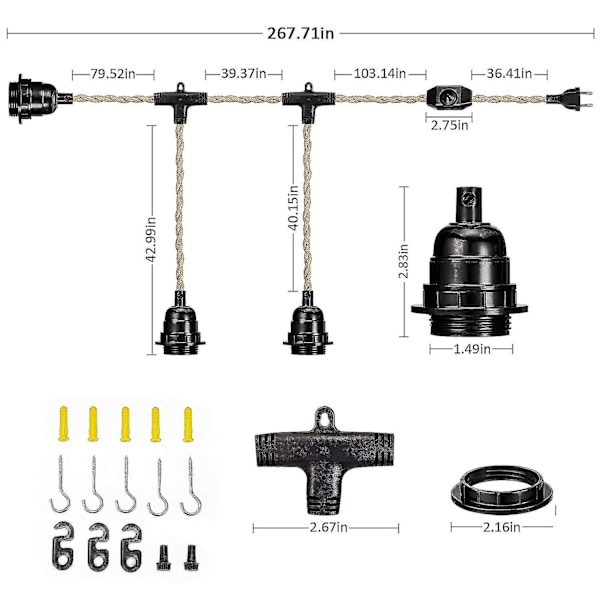 E27 2-ledare linne elektrisk kabel tvinnad elektrisk kabel för belysningsarmaturer med justerbar strömbrytare och 6,8 m lamphållare (tre lamphållare)