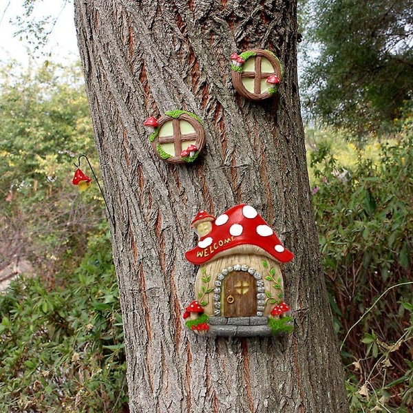 Miniatyyri-talon ikkuna ja ovi hehkuvalla lepakkolampulla mustassa keijun nukkumisovessa ja ikkunassa Yar