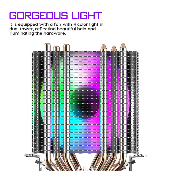 Cpu luftkylare 6 värmerör Twin-tower kylfläns med 90 mm Rainbow LED-fläktar för Intel 775/1150/1155/