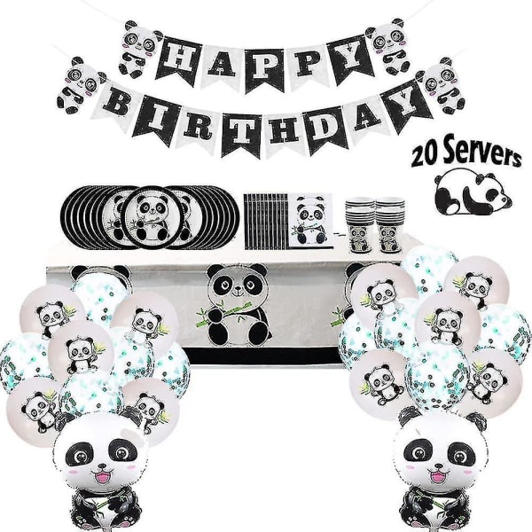 Panda Fødselsdagsfest Tilbehør, 84 Stk Panda Fest Dekorationer Med Happy Birthday Banner Balloner Tallerken Dug