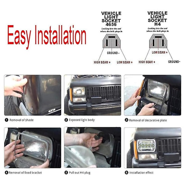 5x7 tommer 7x6 tommer LED-frontlys Hi-lo Beam Halo DRL for Xj Wrangler Yj