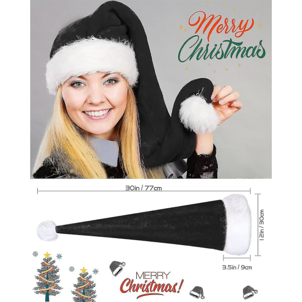 Joulumusta joulupukin hattu, pitkä, aikuiset Deluxe mustavalkoinen jouluhattu mustalle jouluteemalle Uusi vuosi Juhlajuhlajuhlatarvikkeet C
