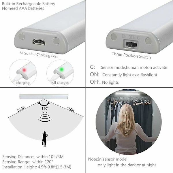 10 LED-lamper, Trådløse, USB-opladelige, Magnetiske, Bevægelsessensor, Bærbare. Skabslys, Nødlys, Natlys til Børn, Ekstrabelysning, Sølv