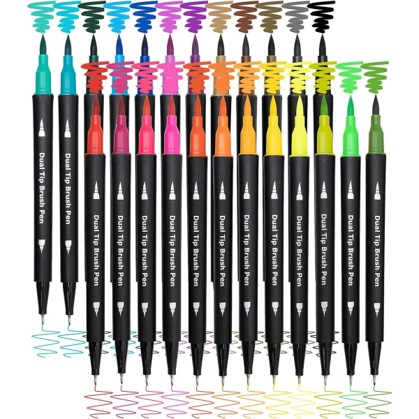 Dubbla penselpennor för färgläggning, 24 färgade markörer, konstmarkörer med fin spets och penselspets för barn Målarbok för vuxna