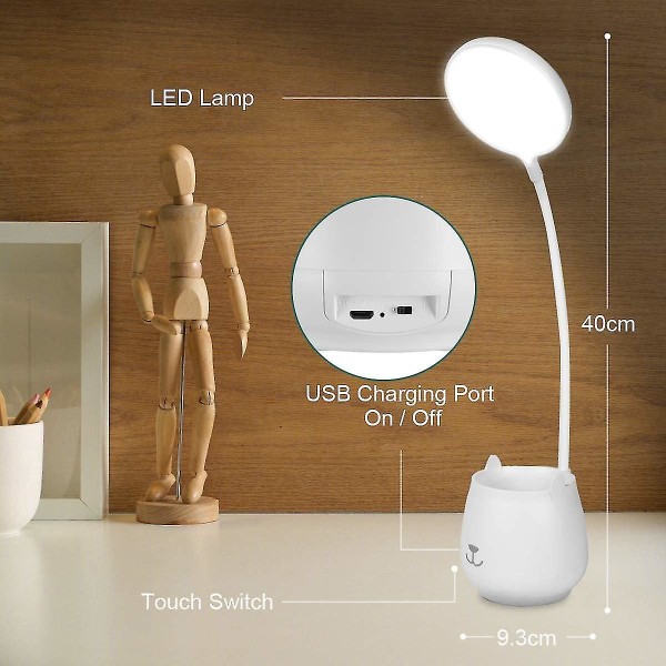 Pennställ Skrivbordslampa, Touch-dimbar Led-bordslampa med 3 ljuslägen och 24 lysdioder, ögonskydd Sänglampa för barn Trådlös USB laddning L