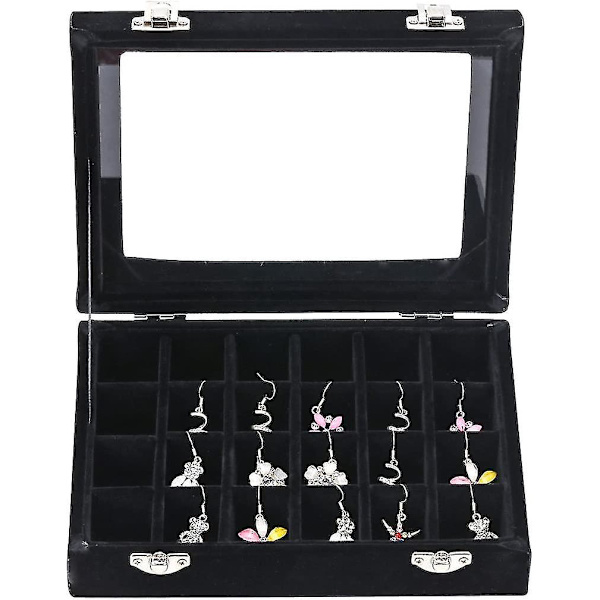 Fløjlsglas Smykker Ring Display Organiser Box Bakke Holder Øreringe Opbevaringsæske (sort)